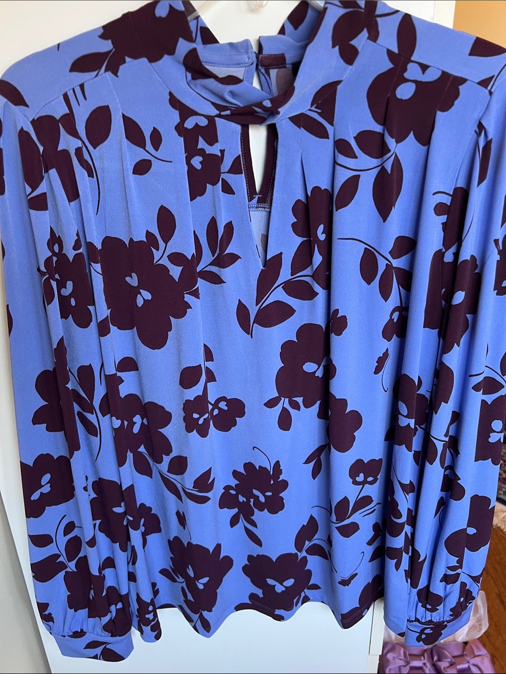 Ann Taylor Blue Blouse with Dark Purple Floral Print